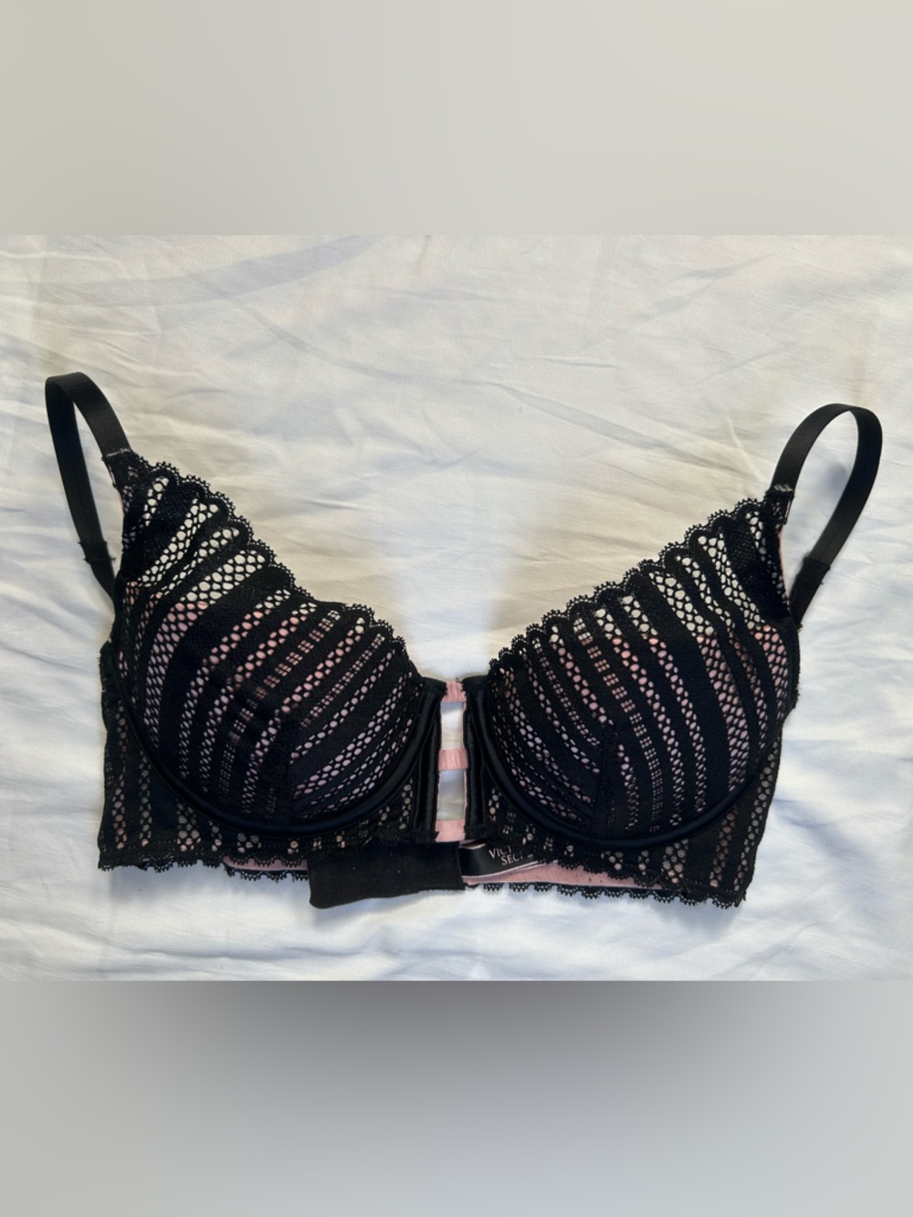 Victoria’s Secret Plunge Black Lace Overlay with Pink Satin Lining